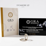 A pair of silver moissanite rings displayed in front of a GRA Moissanite report card and a branded certificate booklet on a clean white background. The brand name 'SYCAMORE LEE JEWELRY' is printed at the top of the image.