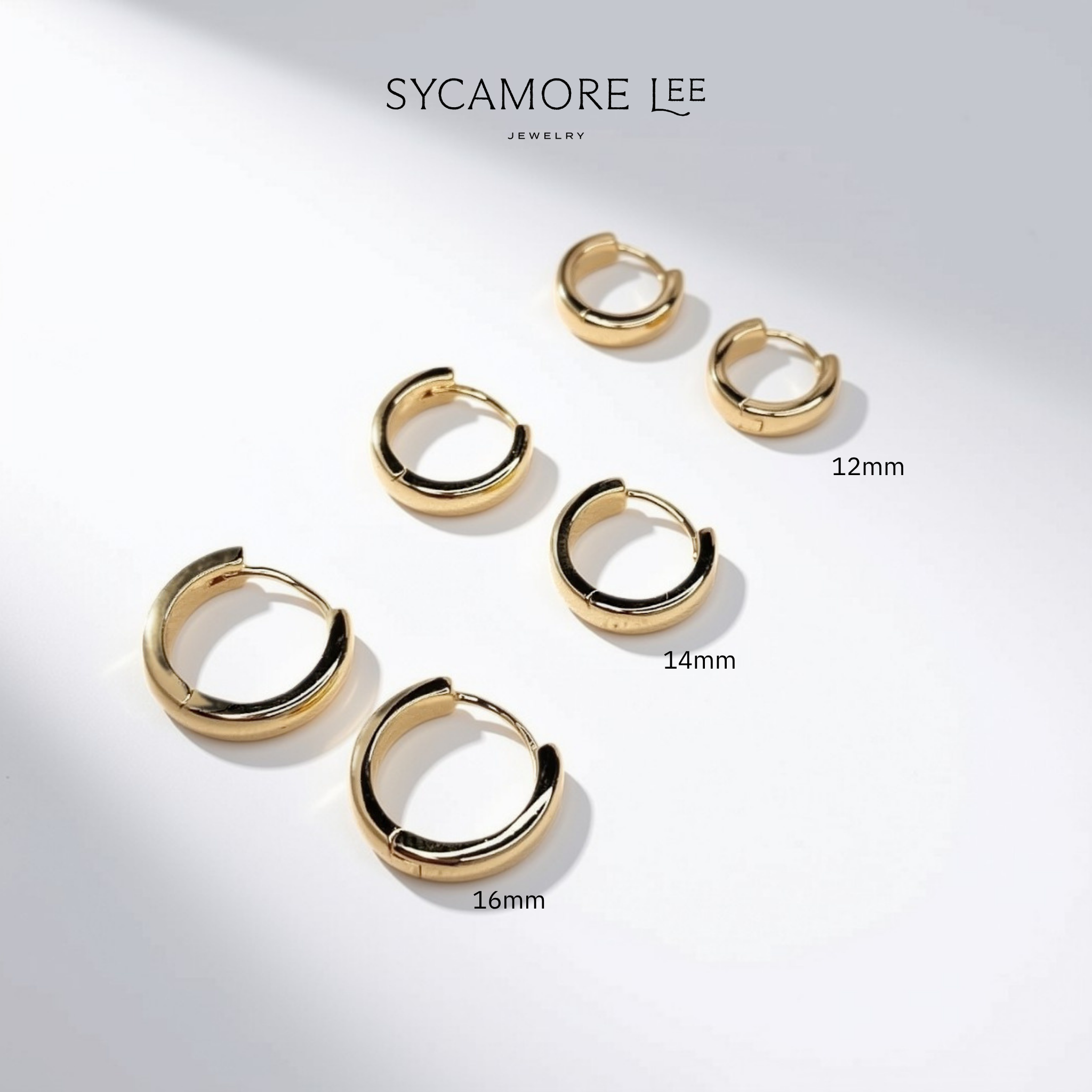 Six gold huggie hoop earrings in different sizes (12mm, 14mm, and 16mm) arranged on a white background with the brand name 'SYCAMORE LEE JEWELRY' at the top and size labels pointing to each hoop.