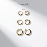 Six pairs of gold-plated 12mm hoop earrings arranged in a vertical column on a white background with soft diagonal shadows. The brand name 'SYCAMORE LEE' and the text '12mm' are printed above the earrings.