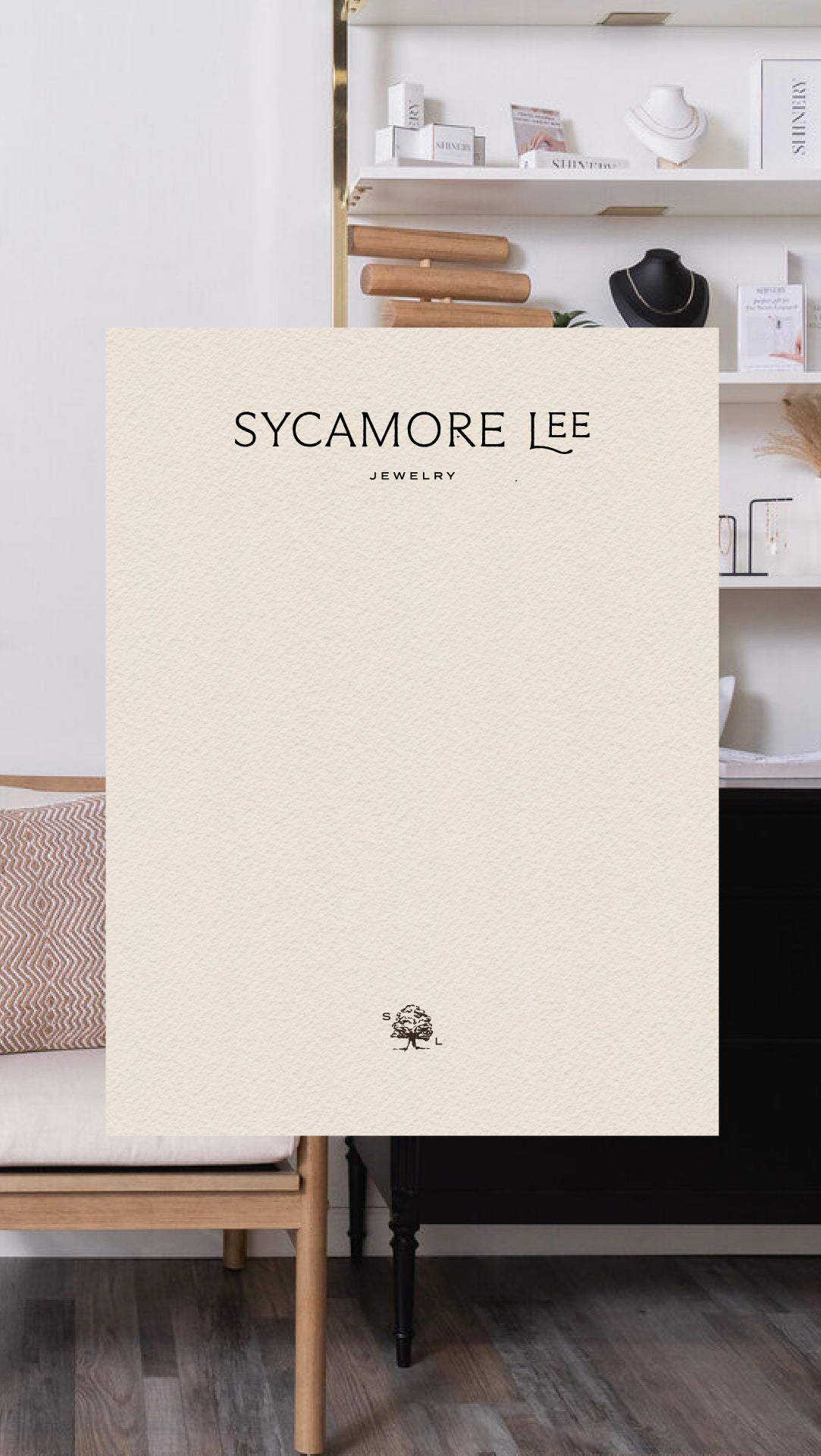 Sycamore Lee jewelry box on a shelf with a neutral background