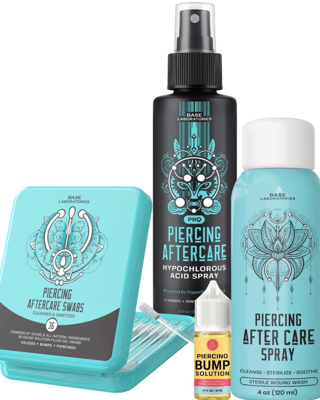 BASE Laboratories piercing aftercare kit including a black hypochlorous acid spray bottle, a light blue aftercare spray canister, a turquoise aftercare swabs tin, a small yellow piercing bump solution dropper bottle, and clear plastic swab tips on a white background.