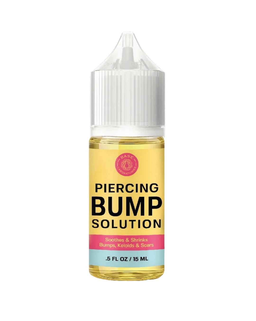 A bottle of Piercing Bump Solution by Body & Soul, featuring a yellow liquid inside a clear bottle with a white cap, set against a plain white background.